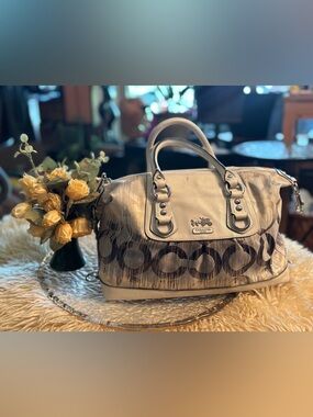 Coach Signature Satchel Ivory Cream Monogram Canvas Leather Trim Top Handle Bag